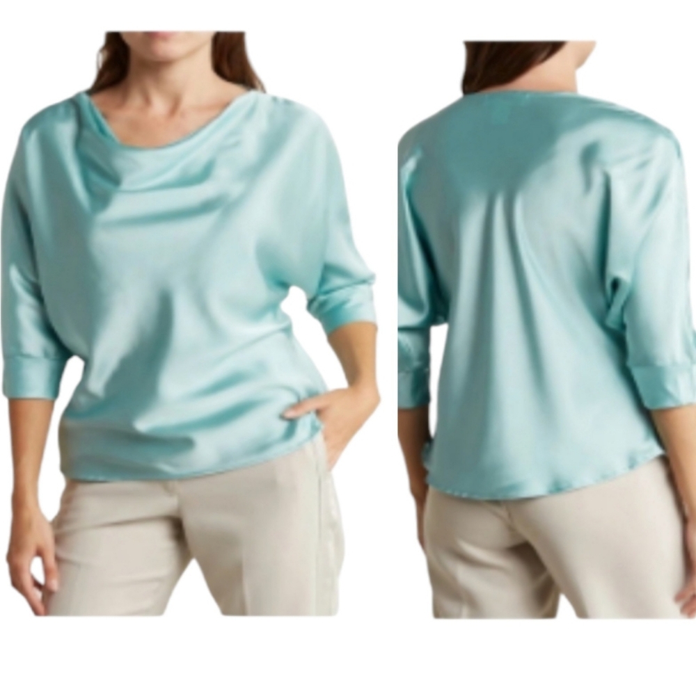 Nordstrom Renee C Aqua‎ Blue Cowl Neck Satin Blouse